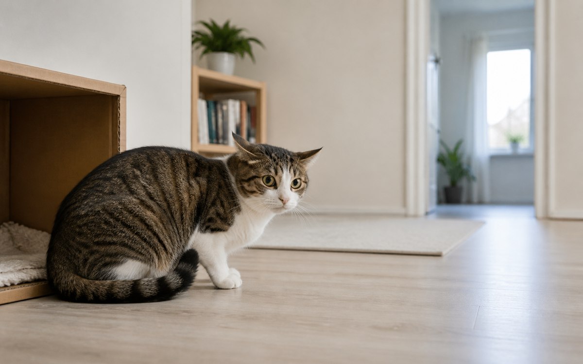 Karton saklanma alanı yanında alçalmış, kulakları yana dönük kaygılı kedi
