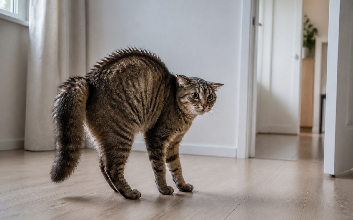 Sırtı kavisli, tüyleri kabarmış ve kulakları geride savunmacı kedi