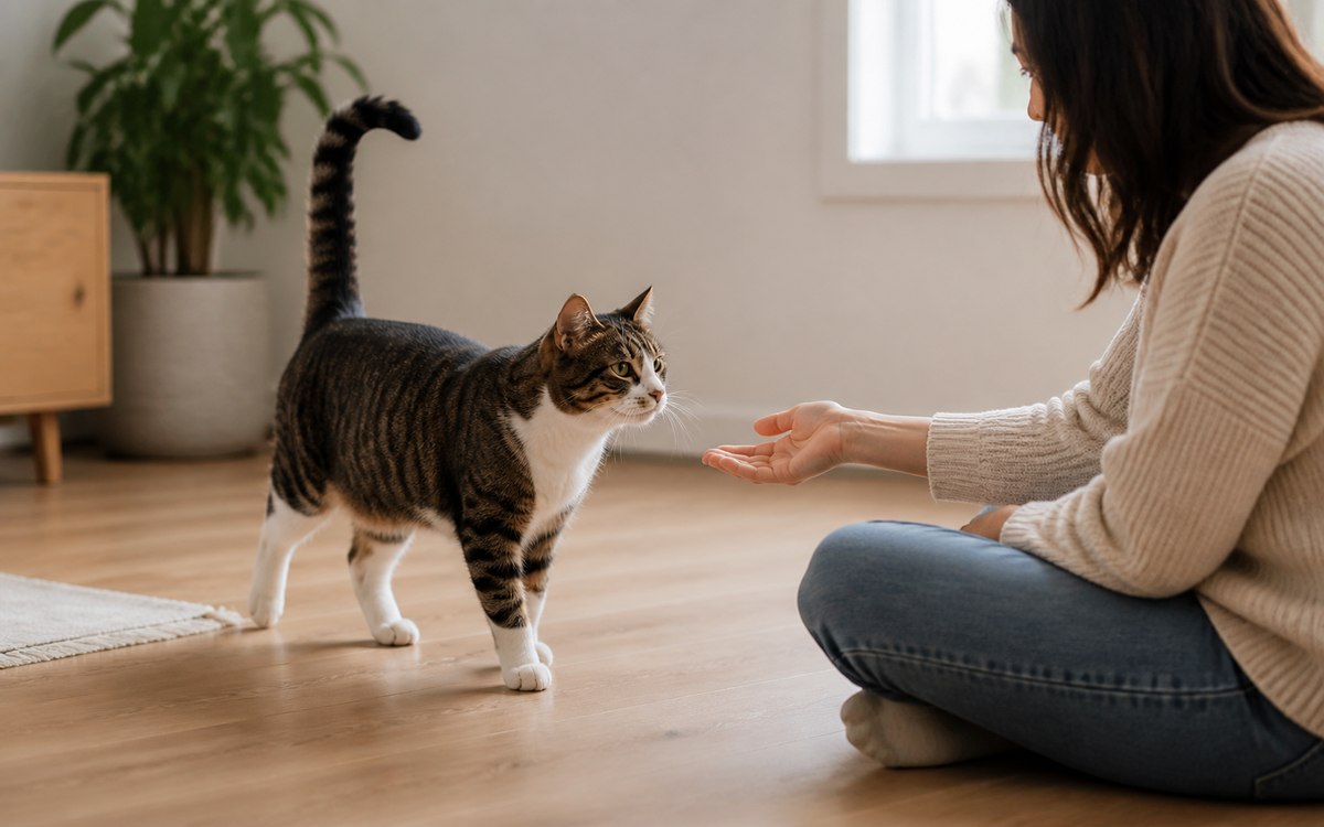 Dik ve ucu kıvrık kuyrukla sahibine yaklaşan rahat tekir kedi