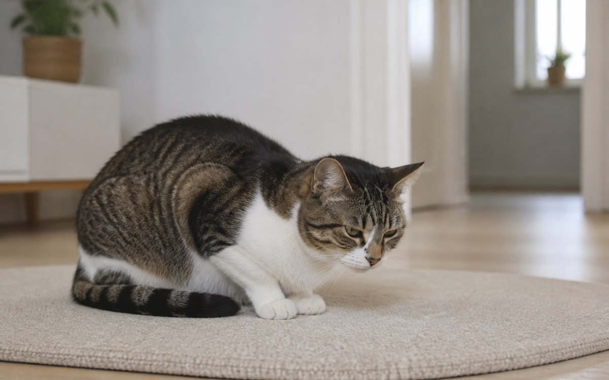 Başı alçak, kambur ve içine çekilmiş duruşta minder üzerinde duran kedi