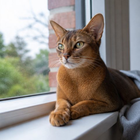 Abyssinian kedisi güvenli ve yeşil bir bahçede yürürken