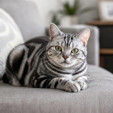 American Shorthair kedisi aydınlık bir pencere yanında dinlenirken