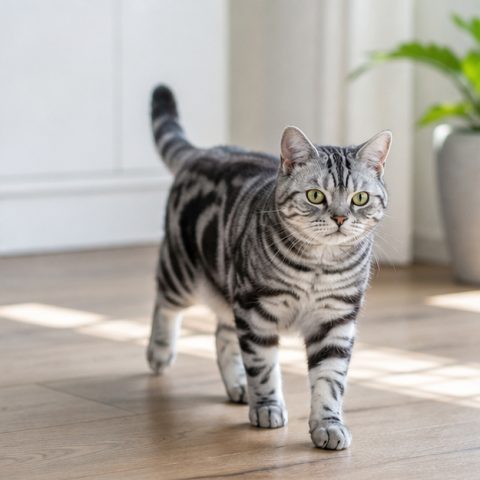 American Shorthair kedisi ev ortamında oyuncakla oynarken