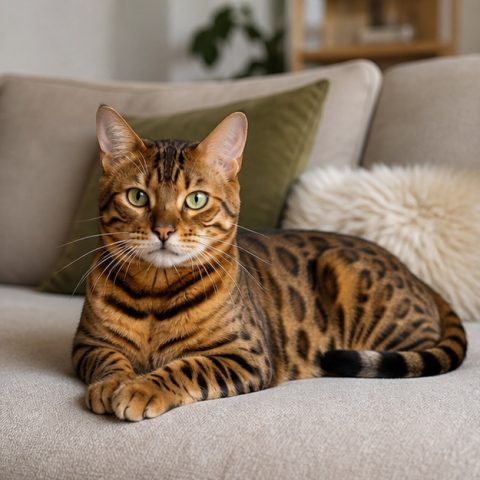 Bengal kedisi aydınlık bir pencere yanında dinlenirken