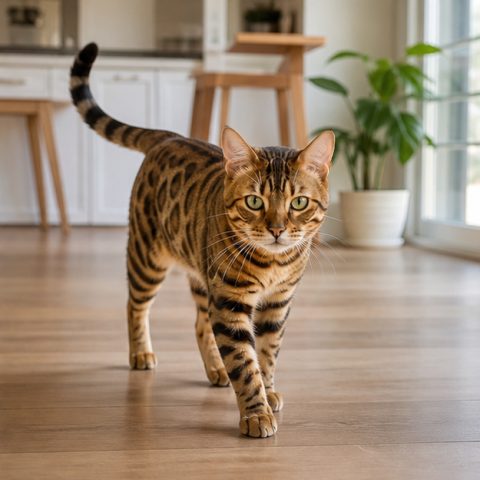 Bengal kedisi ev ortamında oyuncakla oynarken
