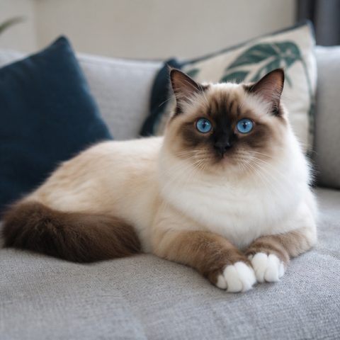 Birman kedisi aydınlık bir pencere yanında dinlenirken