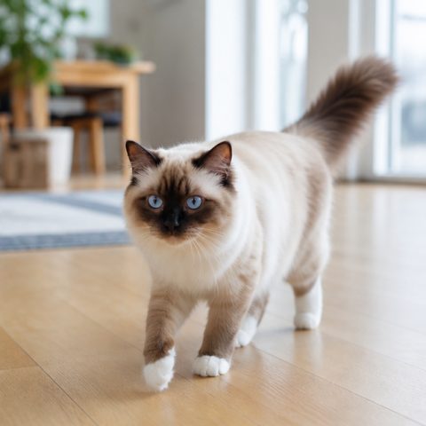 Birman kedisi ev ortamında oyuncakla oynarken