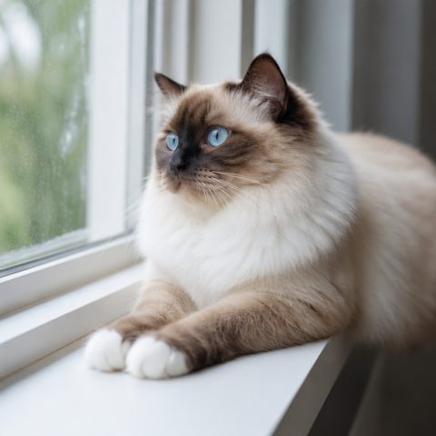 Birman kedisi güvenli ve yeşil bir bahçede yürürken