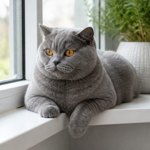British Shorthair kedisi güvenli ve yeşil bir bahçede yürürken