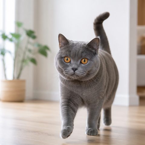 Chartreux kedisi ev ortamında oyuncakla oynarken