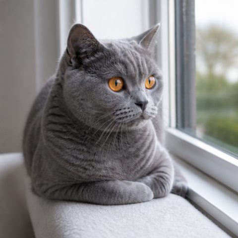Chartreux kedisi güvenli ve yeşil bir bahçede yürürken