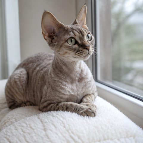 Devon Rex kedisi güvenli ve yeşil bir bahçede yürürken