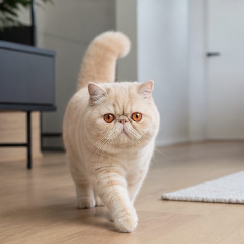 Exotic Shorthair kedisi ev ortamında oyuncakla oynarken