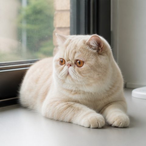 Exotic Shorthair kedisi güvenli ve yeşil bir bahçede yürürken
