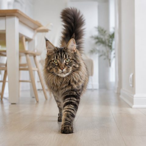 Maine Coon kedisi ev ortamında oyuncakla oynarken