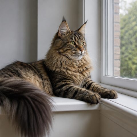 Maine Coon kedisi güvenli ve yeşil bir bahçede yürürken