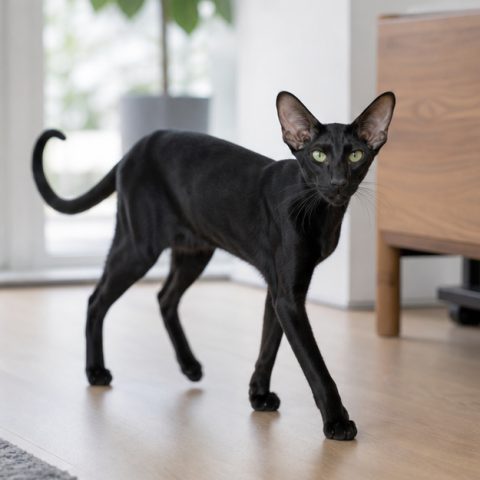 Oriental Shorthair kedisi ev ortamında oyuncakla oynarken
