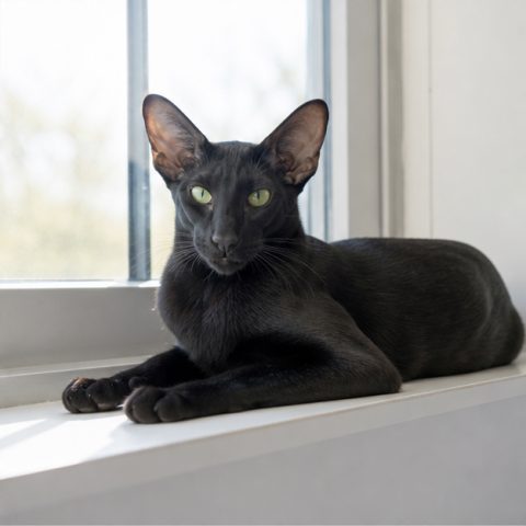 Oriental Shorthair kedisi güvenli ve yeşil bir bahçede yürürken