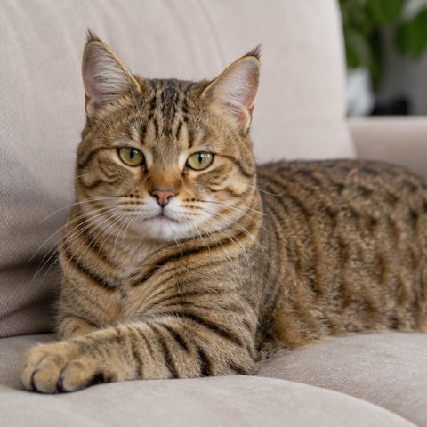 Pixie-Bob kedisi aydınlık bir pencere yanında dinlenirken
