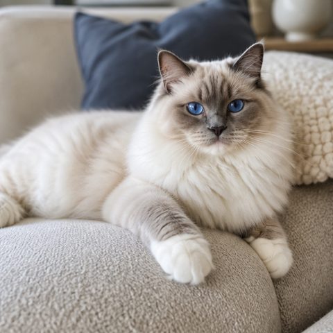 Ragdoll kedisi aydınlık bir pencere yanında dinlenirken