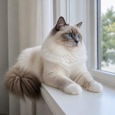 Ragdoll kedisi güvenli ve yeşil bir bahçede yürürken