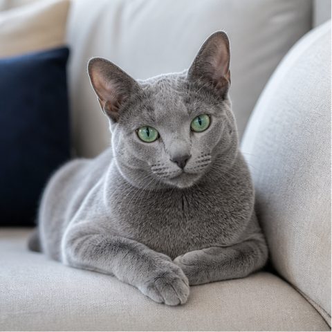 Russian Blue kedisi aydınlık bir pencere yanında dinlenirken