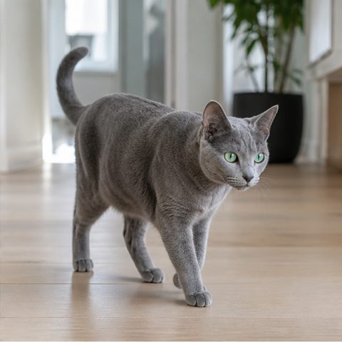 Russian Blue kedisi ev ortamında oyuncakla oynarken