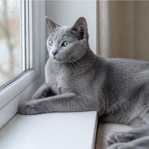 Russian Blue kedisi güvenli ve yeşil bir bahçede yürürken