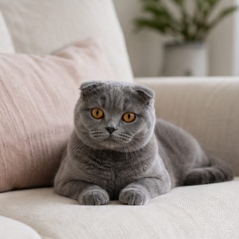 Scottish Fold kedisi aydınlık bir pencere yanında dinlenirken