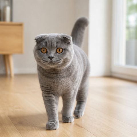 Scottish Fold kedisi ev ortamında oyuncakla oynarken