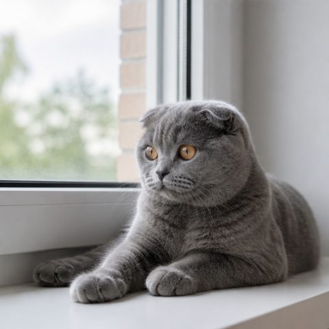 Scottish Fold kedisi güvenli ve yeşil bir bahçede yürürken