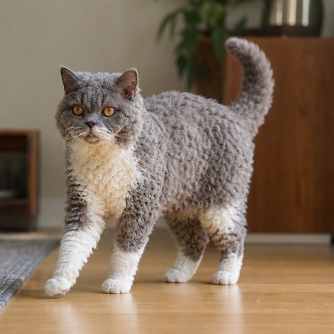 Selkirk Rex kedisi ev ortamında oyuncakla oynarken