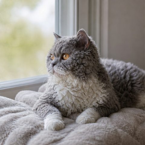 Selkirk Rex kedisi güvenli ve yeşil bir bahçede yürürken