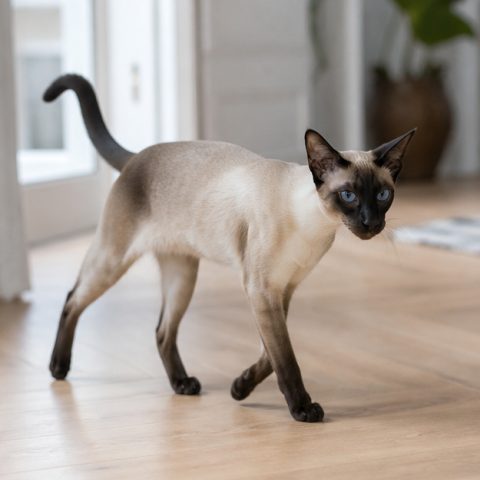 Siamese kedisi ev ortamında oyuncakla oynarken