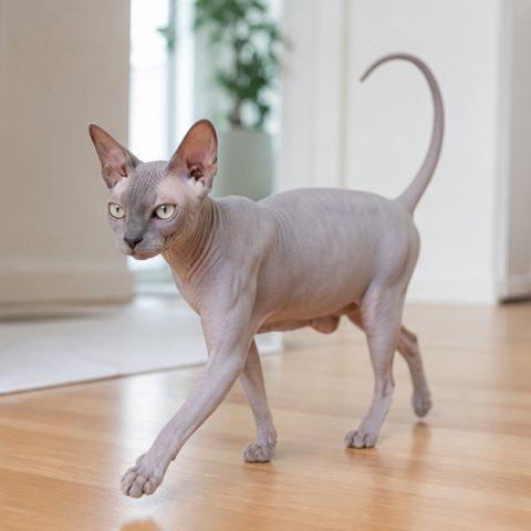 Sphynx kedisi ev ortamında oyuncakla oynarken