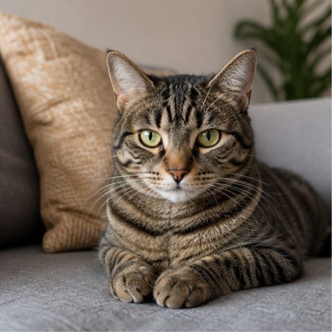 Tekir Kedi kedisi aydınlık bir pencere yanında dinlenirken