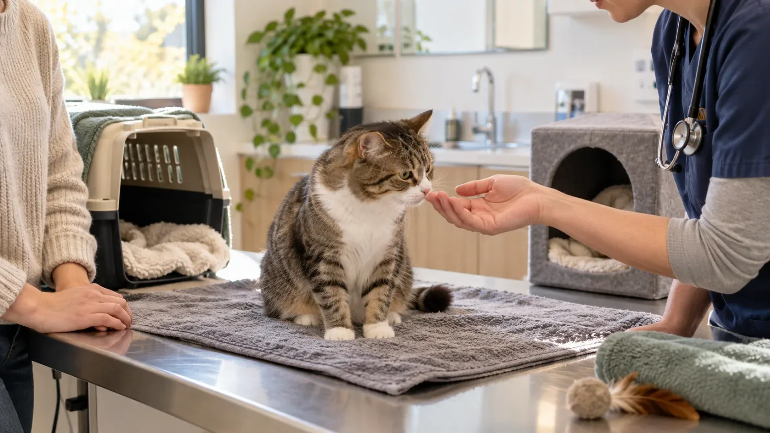 Sessiz muayene odasında veterinerin elini koklayan rahat kedi ve açık taşıma çantası